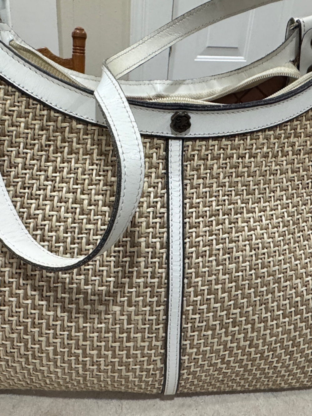 Brighton Beige Woven Tote with White Leather Trim
